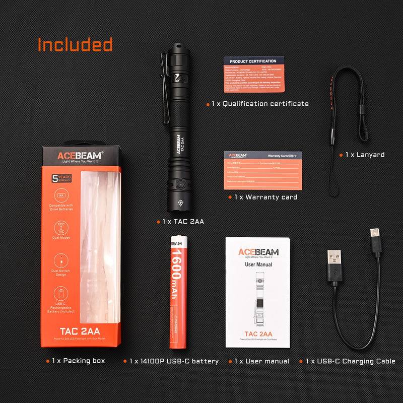 fenix 2aa flashlight Acebeam TAC 2AA Black – 1600 Lumen Tactical Penlight with USB-C Rechargeable Battery