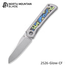 North Mountain Blade Moon 2526-Glow-CF Mini Folding Knife 2.5" M390 Sheepsfoot Hand-Brushed Blade Titanium Handle Front Flipper Frame Lock