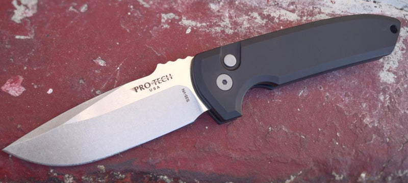 Pro-Tech LG301 Rockeye Automatic Folding Knife Black Handles Stonewashed CPM-S35VN Steel Blade