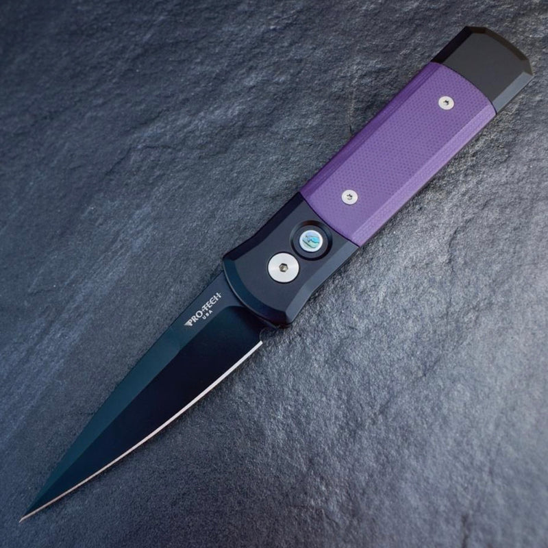 Pro-Tech 715-Purple Godson Folding Knife Black Handles w/ Purple G-10 Inlay 3.15in DLC Black 154cm Steel Blade