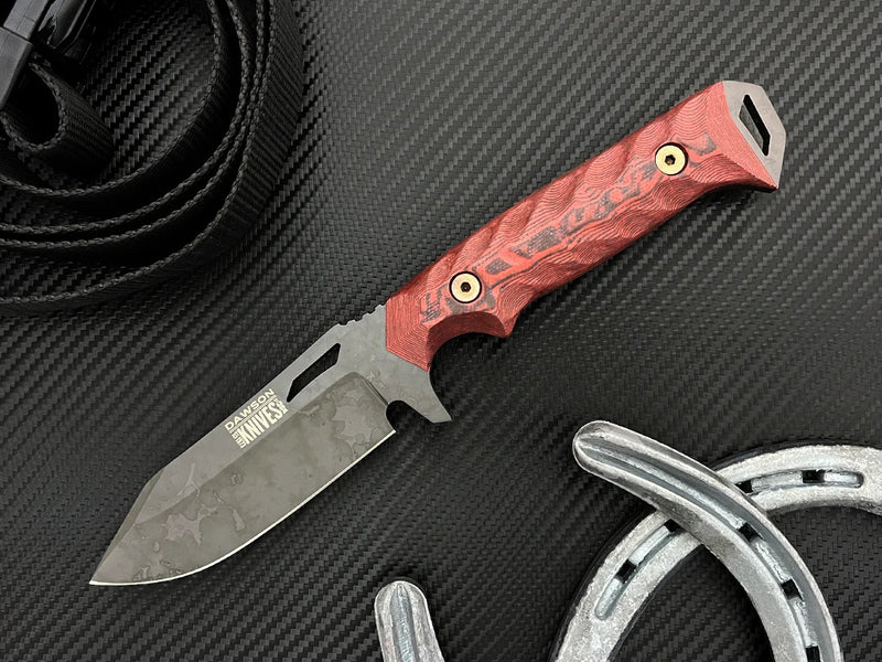 Dawson Knives Shepherd Fixed Blade Knife 3.87in CPM Magnacut Steel Apocalypse Black Finish Red/Black Textured G10 Handles - Made in USA