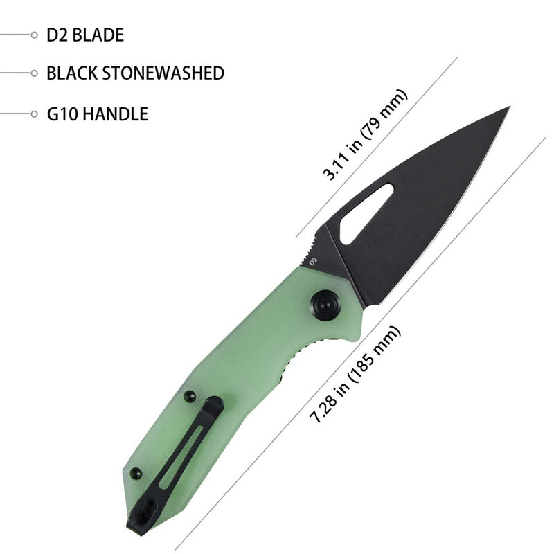Kubey Coeus Folding Pocket Knife 3.11in Dark Stonewashed D2 Steel Jade Textured G10 Handles