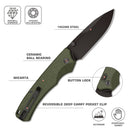 Remette WD107M – 3.11" 14C28N Drop Point Folding Knife, Green Micarta Handles with Button Lock