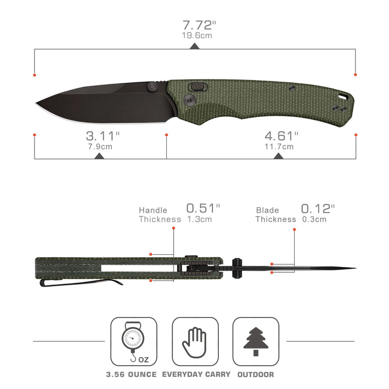 Remette WD107M – 3.11" 14C28N Drop Point Folding Knife, Green Micarta Handles with Button Lock