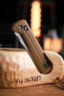 North Mountain Blade 2418-TAN-G-5 5-layer copper-clad tanto folding knife detail