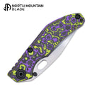 North Mountain Blade BBNM 2521-PRGR 3.54" SLD Bowie Folding Knife Purple & Yellow Ceramic Carbon Fiber Titanium Handle