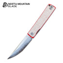 North Mountain Blade Japanese Style Folding Knife 3.5in SLD-Magic Steel Silver Carbon Fiber + Red G10 Handle