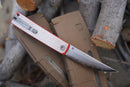North Mountain Blade Japanese Style Folding Knife 3.5in SLD-Magic Steel Silver Carbon Fiber + Red G10 Handle