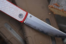 North Mountain Blade Japanese Style Folding Knife 3.5in SLD-Magic Steel Silver Carbon Fiber + Red G10 Handle