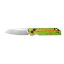 Side view of folding knife with green and red splatter handle and silver blade