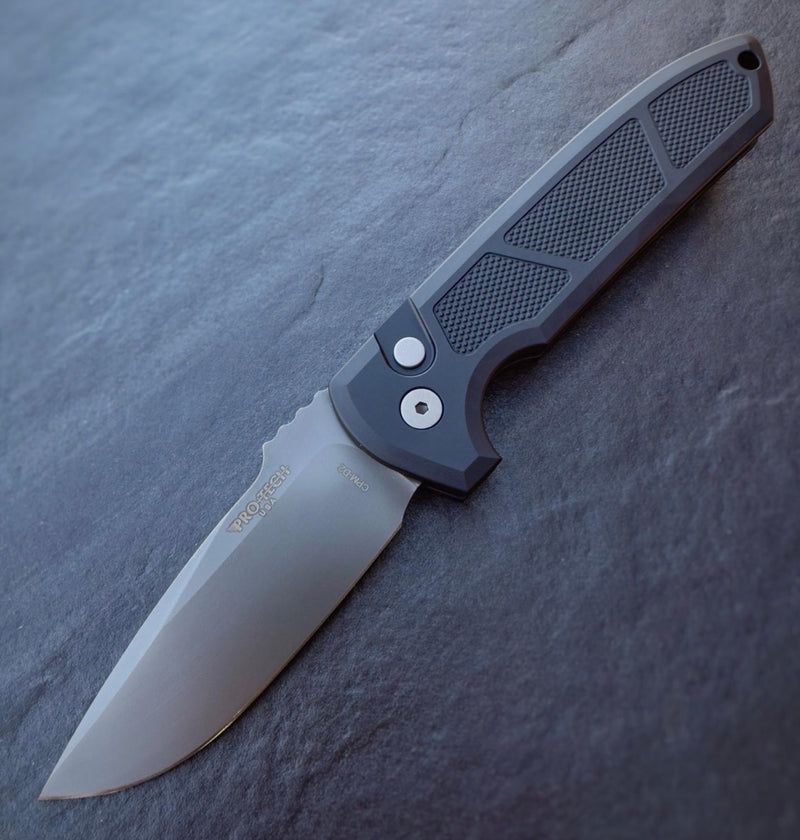 Pro-Tech Knives LG325-D2 Rockeye Auto Folding Knife Smoky Grey DLC CPM-D2 Blade Textured Aluminum Handles