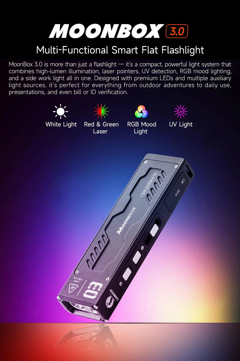 Lumintop MoonBox 3.0 EDC Flashlight – 1200 Lumens, RGB & UV, Dual Lasers, USB‑C Rechargeable