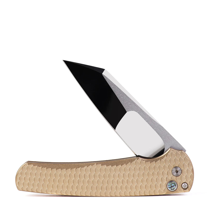 Pro-Tech Custom Malibu Folding Knife 3.3in 154CM Mike Ire Mirror Polished Blade Dragon Scale Bronze Aluminum Handles
