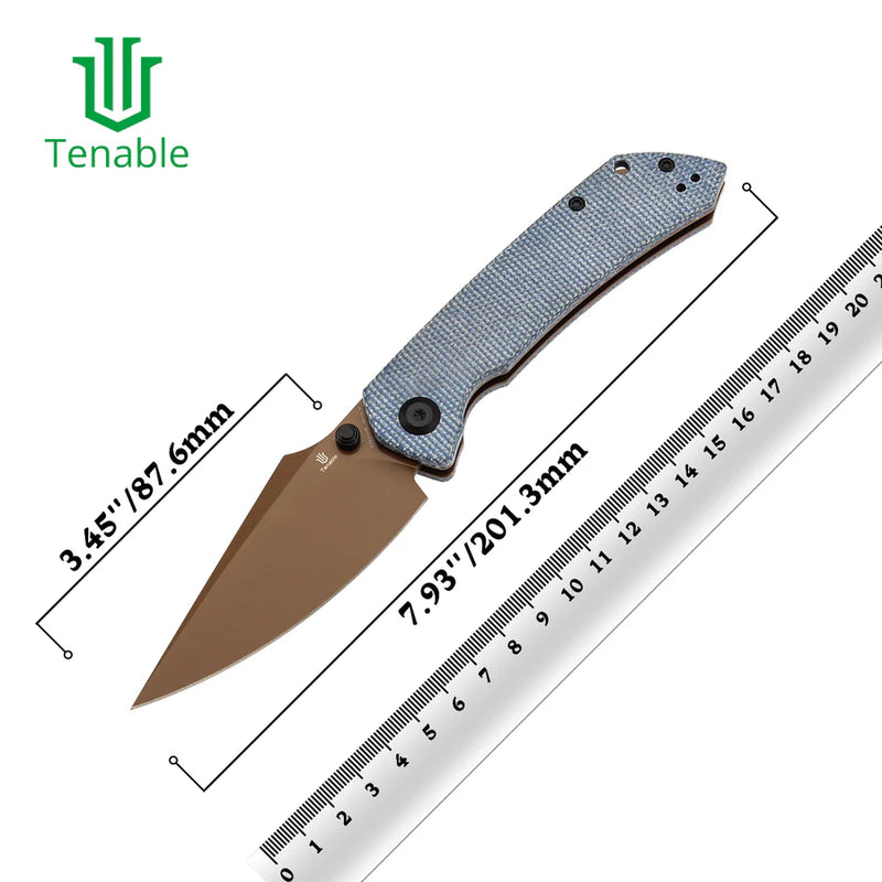 Tenable Fenrir T1034V6 – Blue Micarta, 3.48" Rose Gold Nitro-V Blade, Sparrow Knife Co. Design