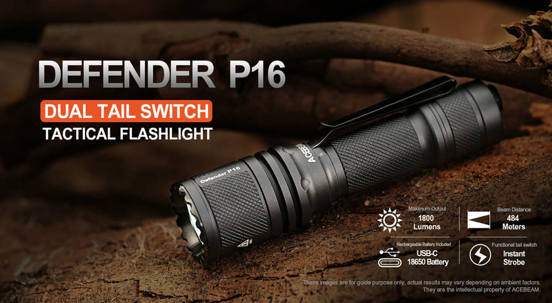 Acebeam Defender P16 Dual Tail Switch Tactical Flashlight 1,800 Lumens USB-C Rechargeable 18650 Battery