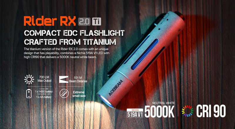 Acebeam Rider RX 2.0 Titanium USB-C Rechargeable 14500 Battery 519A LED