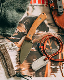 Tactile Knife Co Redhawk Fixed Blade 2.75in Tumbled Magnacut Blade Green Micarta Handles Leather Sheath