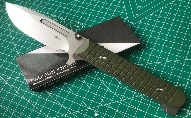 Two Sun TS394 Folding Knife 4.3in D2 Steel Blade Green G10 Frag Pattern Handles