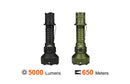Two Acebeam L35 2.0 tactical flashlights, one black and one green, with 5000 lumens and a beam distance of 650 meters. 