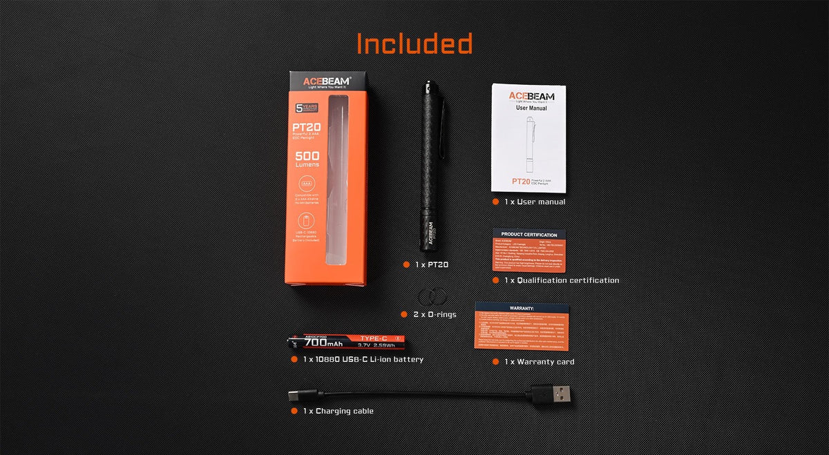 Acebeam PT20 Rainbow Pen Light | 500 Lumens | USB-C & AAA