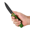 Oknife AION AION-ZombieGreen in hand showing Zombie Green splatter anodized 6061-T6 aluminum handle scales