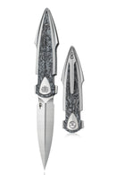 Bestech Ika Dagger BT2602A Machine Satin M390 Blade Silver Marble Carbon Fiber Bead Blasted Titanium Folding Knife Front View