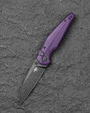 Bestech Snakebird BG58E front view – 3.54" 14C28N Black Stonewash, Purple G10, Button Lock