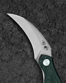 Bestech Mantidae BG60E handle detail – green Micarta texture and natural fiber layering