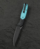 Bestech Swordfish BG62E closed view – 5.12″ closed, Black+Light Blue G10, Button Lock