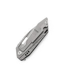 Bestech Shodan BT1910C carbon fiber handle detail – woven carbon fiber inlays in grey titanium frame
