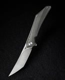 Bestech Kamoza BT1911A front view – 3.62" M390 stonewash blade, dark gray titanium handle, frame lock