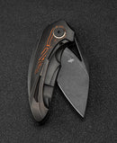 Bestech Nuke BT2107E wharncliffe blade detail – straight edge, curved spine, M390 steel precision tip