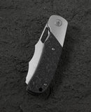 Bestech Syn BT2306A clip detail – bead blast titanium pocket clip on marble carbon fiber handle