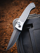 Pro-Tech Brend Classic CCKSF26.Brend.1 front view – 3.35" DLC black MagnaCut drop point automatic knife, diamond textured grey aluminum