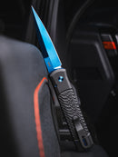 Pro-Tech Godfather CCKSF26.Godfather.1 open position showing sapphire blue 154CM stiletto blade and jigged black handle