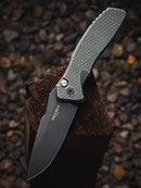Pro-Tech Pallas CCKSF26.Pallas.1 front view – 3.7" DLC black MagnaCut clip point automatic knife, battleworn green carbide aluminum