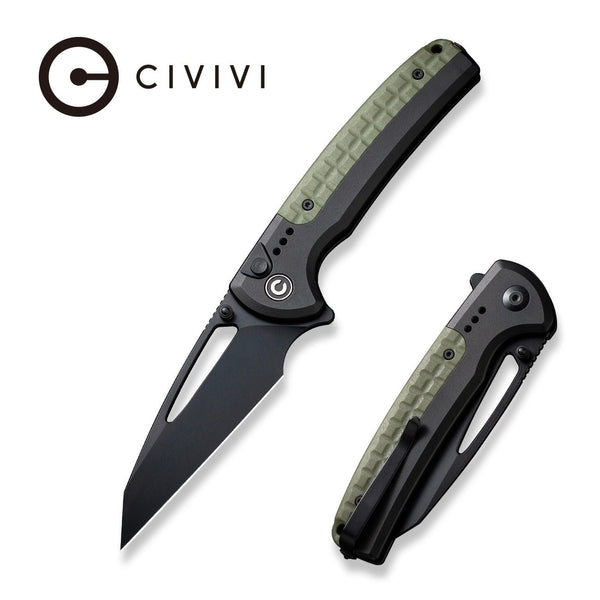 CIVIVI Sentinel Strike Button Lock Knife Black Aluminum Handle With OD Green FRN Integral Spacer