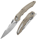 DreamTech D1101 D1101GD front view – 4.76" satin D2 drop point folding knife with beige G10 handle and liner lock