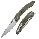 DreamTech D1101GGR front view – 4.76″ satin D2 drop point folding knife, green G10 handle, liner lock