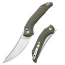 DreamTech D3052GGR front view – 3.58" satin D2 trailing point folding knife, green G10 handle, liner lock