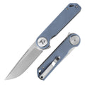 DreamTech D3897GDB front view – 3.27" satin D2 drop point folding knife, slate blue G10 handle, liner lock