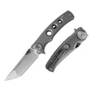 DreamTech D3915DG front view – 3.11" satin M390 tanto folding knife with gray titanium handle and button lock, shown open and closed