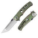 DreamTech D3915DGR front view – 3.11" satin M390 tanto folding knife with green titanium handle and button lock, shown open and closed