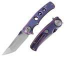 DreamTech D3915DP front view – 3.11" satin M390 tanto folding knife with purple anodized titanium handle and button lock