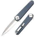 DreamTech D4052GBL front view – 4.29" satin 14C28N spear point folding knife, blue G10 handle, button lock