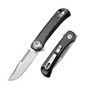 DreamTech D4055AB front view – 4.02" satin D2 drop point folding knife, black aluminum handle, button lock