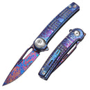 DreamTech D4129TF front view – 3.15″ mosaic Damascus folding knife with TC4 titanium handle and button lock