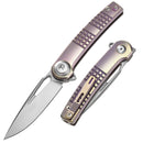 DreamTech D4129TP front view – 3.15″ M390 folding knife with purple TC4 titanium handle and button lock