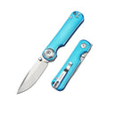 DreamTech D4245ABL front view – 4.02" satin D2 drop point folding knife, blue aluminum handle, button lock