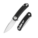 DreamTech D4389GB front view – 4.45" satin D2 drop point folding knife, black G10 handle, button lock